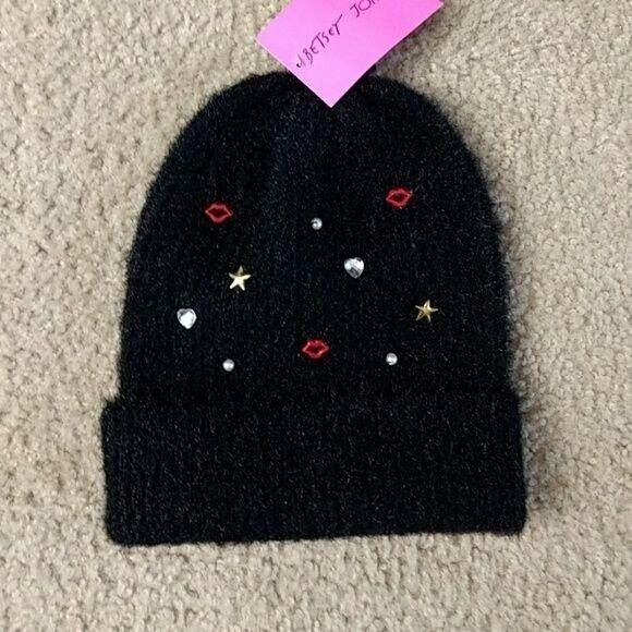 **Sale** Betsey Johnson black beanie w bead accents - Picture 1 of 4